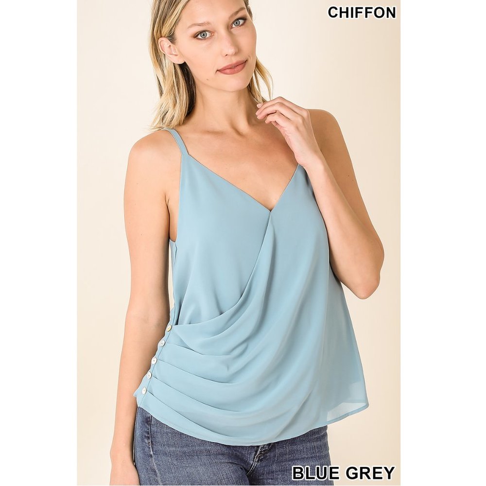 Coastal Grandma Sleeveless Chifon Top-Surplice Neck with side Buttons -Blue Grey